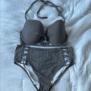 Shade & Shore Black and White Striped Bikini